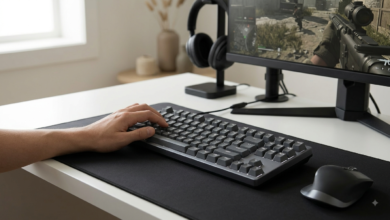 A sleek gaming desk setup featuring a high-performance mechanical keyboard with subtle RGB backlight, next to a gaming mouse on a dark desk mat.
