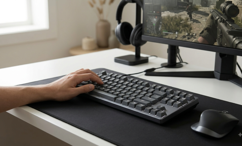 A sleek gaming desk setup featuring a high-performance mechanical keyboard with subtle RGB backlight, next to a gaming mouse on a dark desk mat.