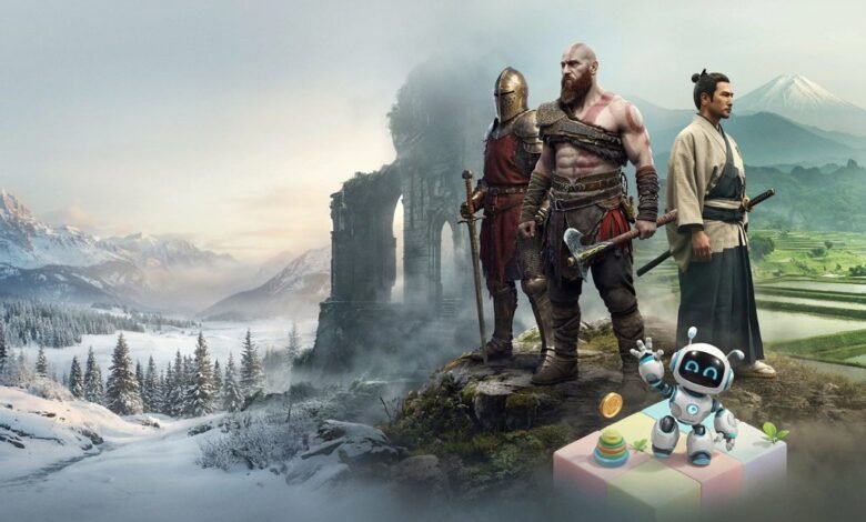 Collage of top PlayStation 5 exclusive game characters including Astro Bot, Kratos, and Atsu from Ghost of Yotei