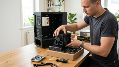 How to build a gaming pc: A person assembling a custom gaming PC at a clean wooden desk with various computer components nearby.