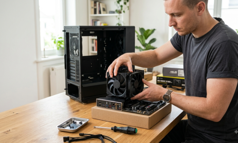 How to build a gaming pc: A person assembling a custom gaming PC at a clean wooden desk with various computer components nearby.