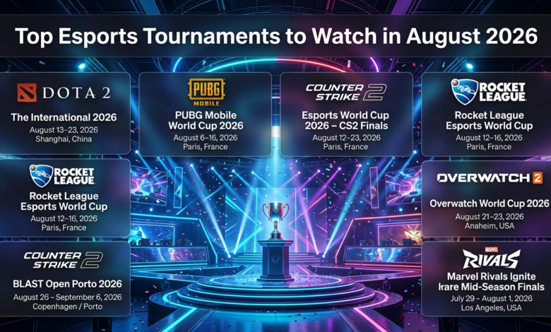 Top esports tournaments August 2026 lineup featuring Dota 2, CS2, and Rocket League